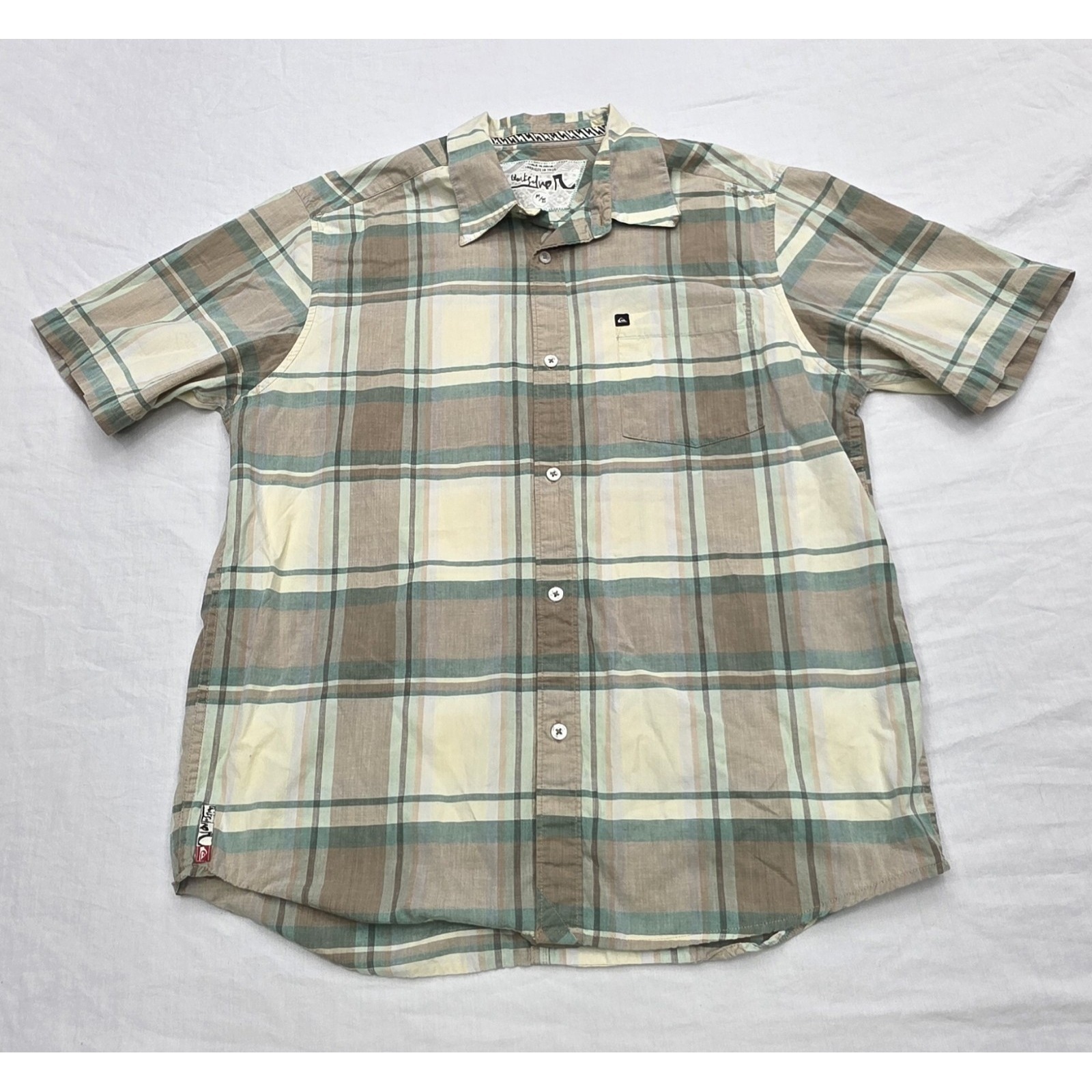 Quiksilver Y2k Tan Green Plaid 100% Cotton Short Sleeve Button Shirt Men's Size